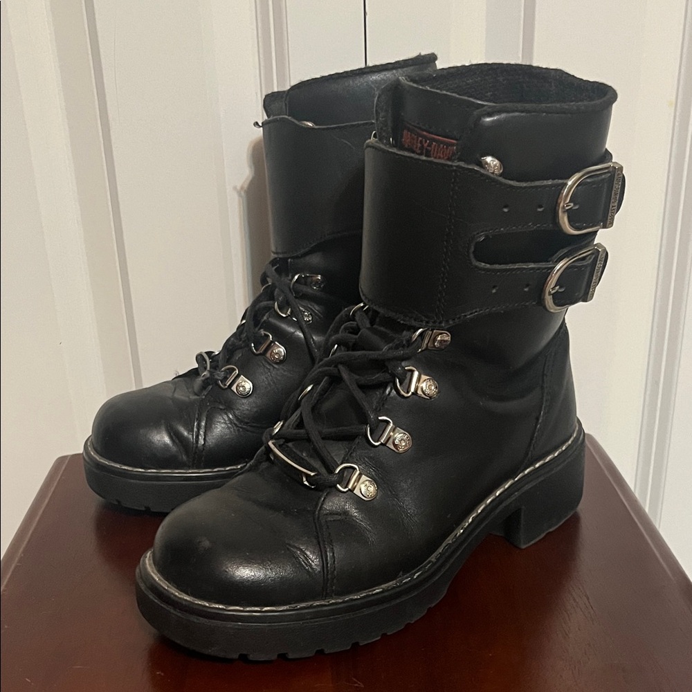 Harley Davidson Black Combat Boots Lace Up Buckle Women's Motorcycle Riding 6
